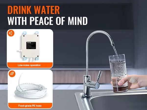 VEVOR-Flaschenwasserspendersystem mit PE-Schlauch und geräuscharmem Betrieb.