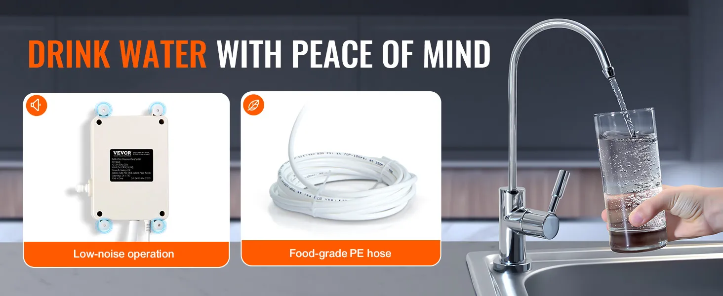 VEVOR-Flaschenwasserspendersystem mit PE-Schlauch und geräuscharmem Betrieb.