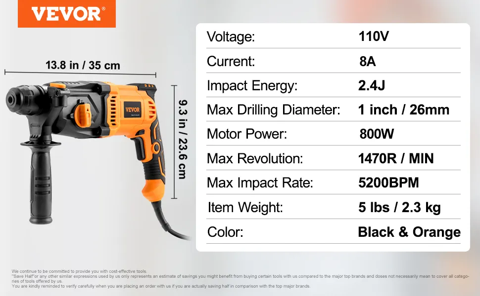 VEVOR rotary hammer drill, 110v, 800w, black and orange, impact energy 2.4j, max drilling diameter 1 inch.