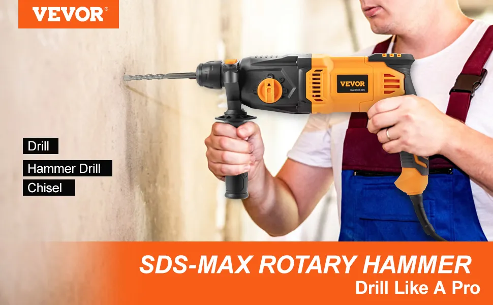 man using the VEVOR sds-max rotary hammer, showcasing drill, hammer drill, and chisel functions.