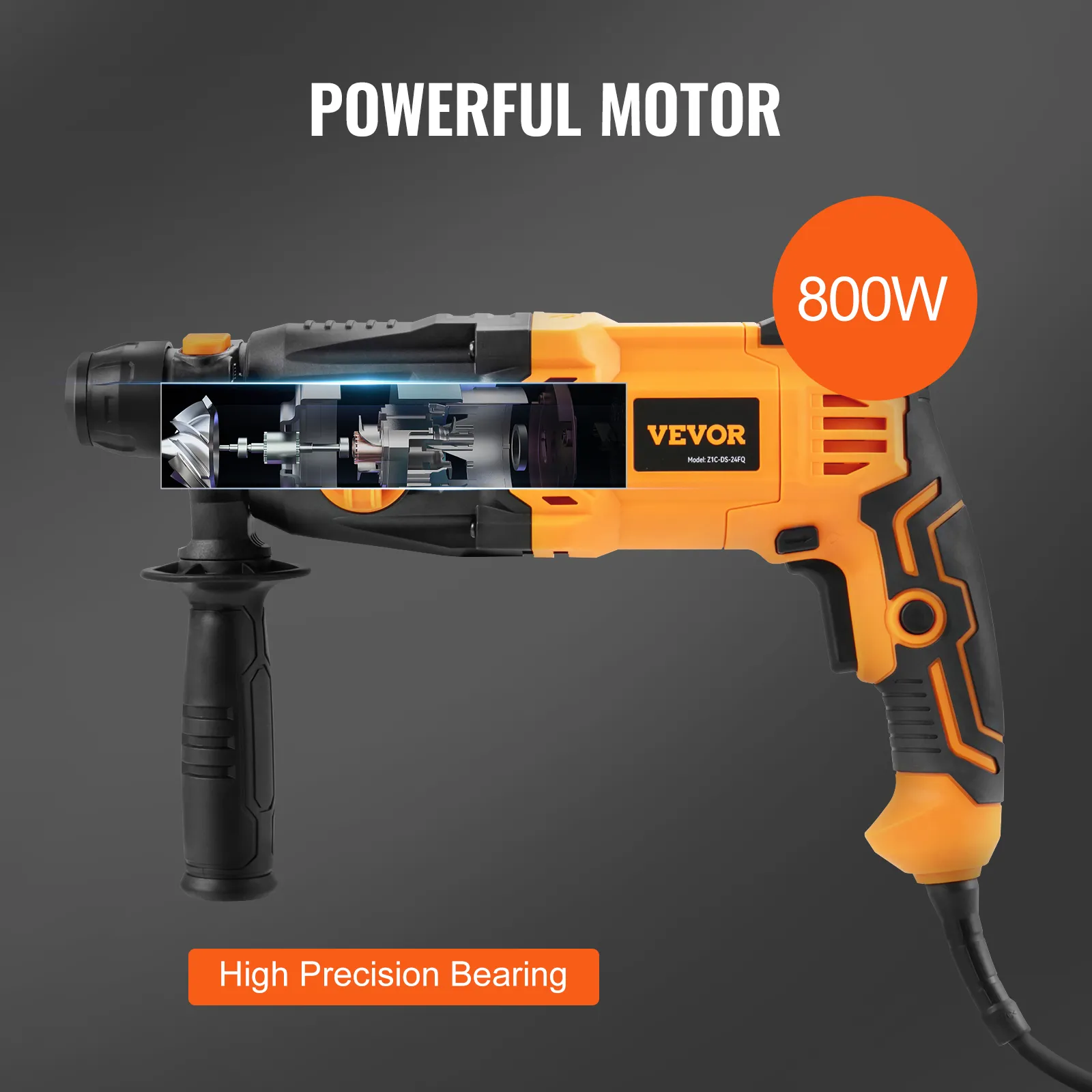 VEVOR rotary hammer drill with 800w powerful motor, high-precision bearing in yellow and black.