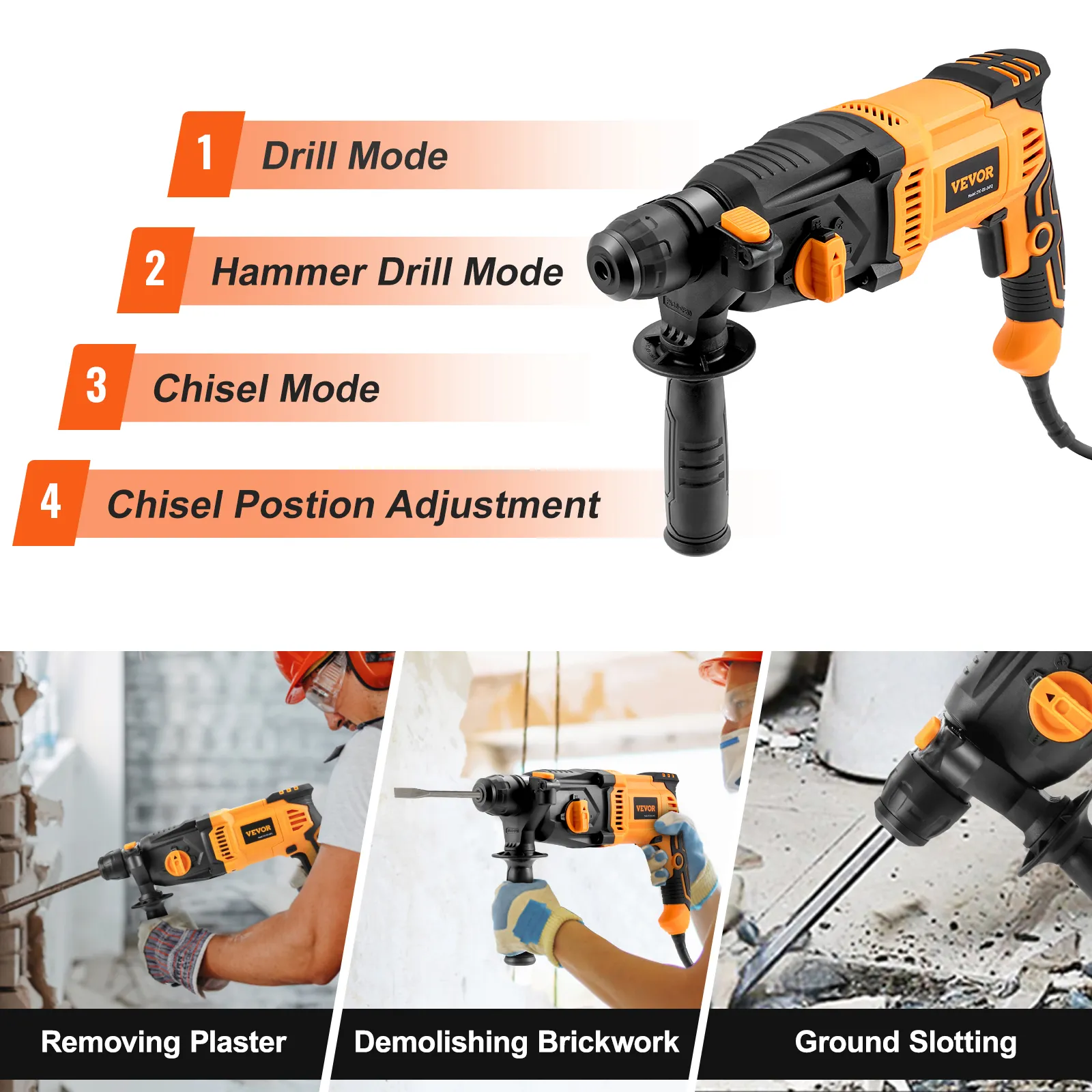 VEVOR rotary hammer drill with drill modes listed, used for removing plaster, demolishing brickwork, and ground slotting.