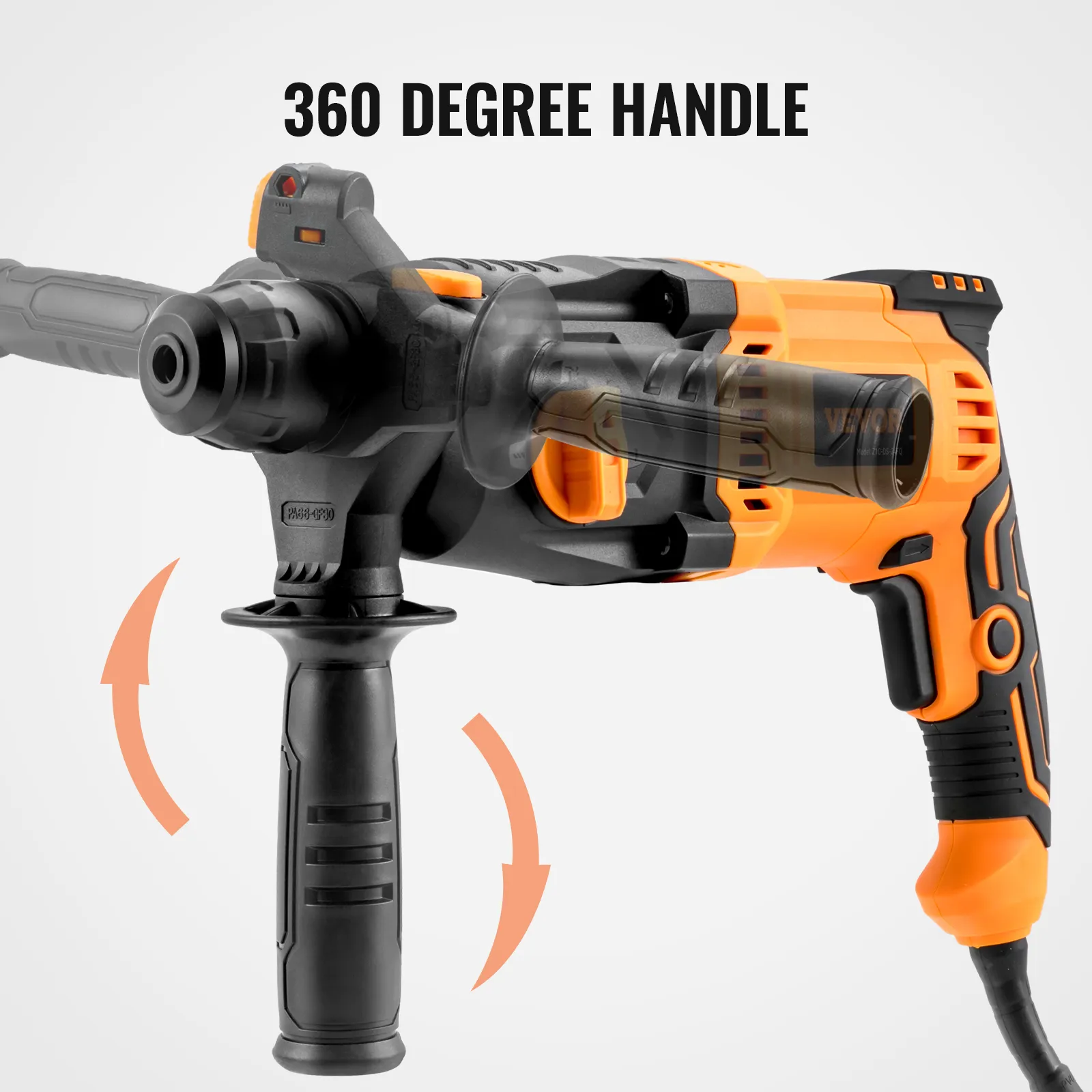 VEVOR rotary hammer drill with 360-degree adjustable handle and ergonomic black-and-orange design.
