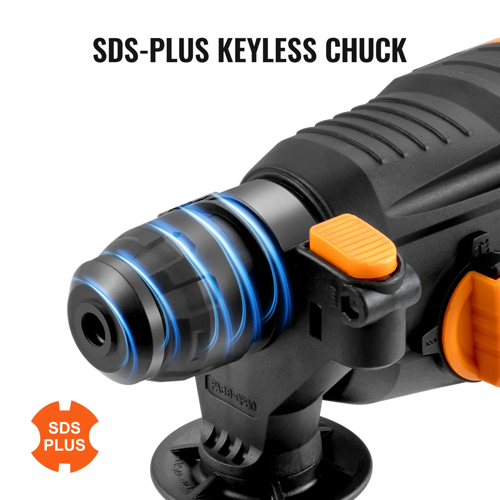 close-up of VEVOR rotary hammer drill showcasing sds-plus keyless chuck and orange locking mechanism.