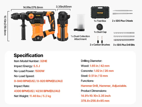 VEVOR rotary hammer drill, voltage 110v, current 13a, impact energy 5.5j, black and orange.