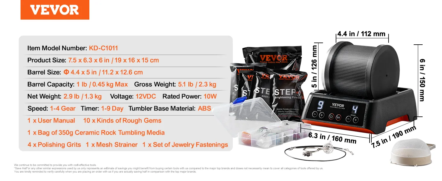 Kit pulidor de rocas VEVOR con accesorios, especificaciones y medidas mostradas.