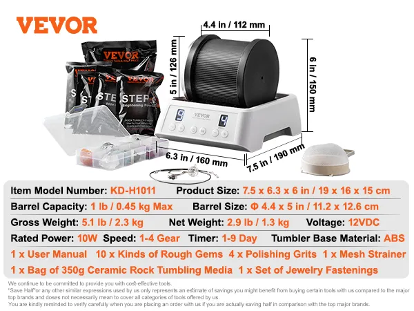 Pulidora de rocas VEVOR con accesorios, controles digitales y especificaciones detalladas del producto mostradas.