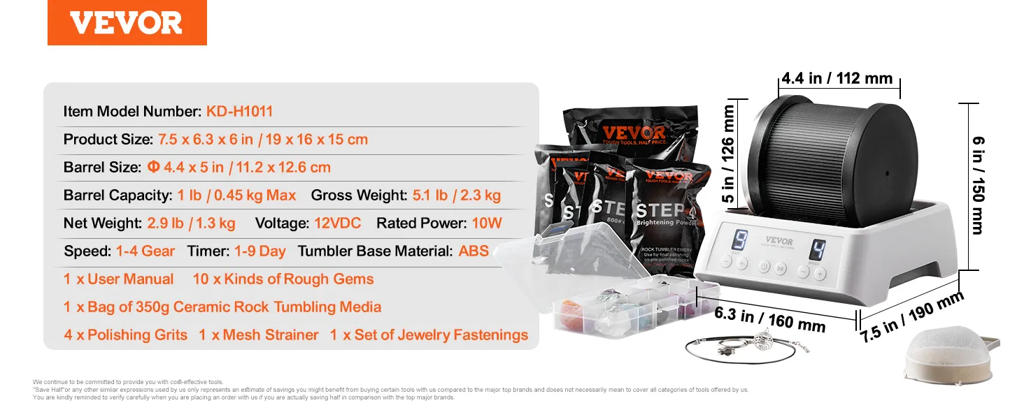 Pulidora de rocas VEVOR con accesorios, controles digitales y especificaciones detalladas del producto mostradas.