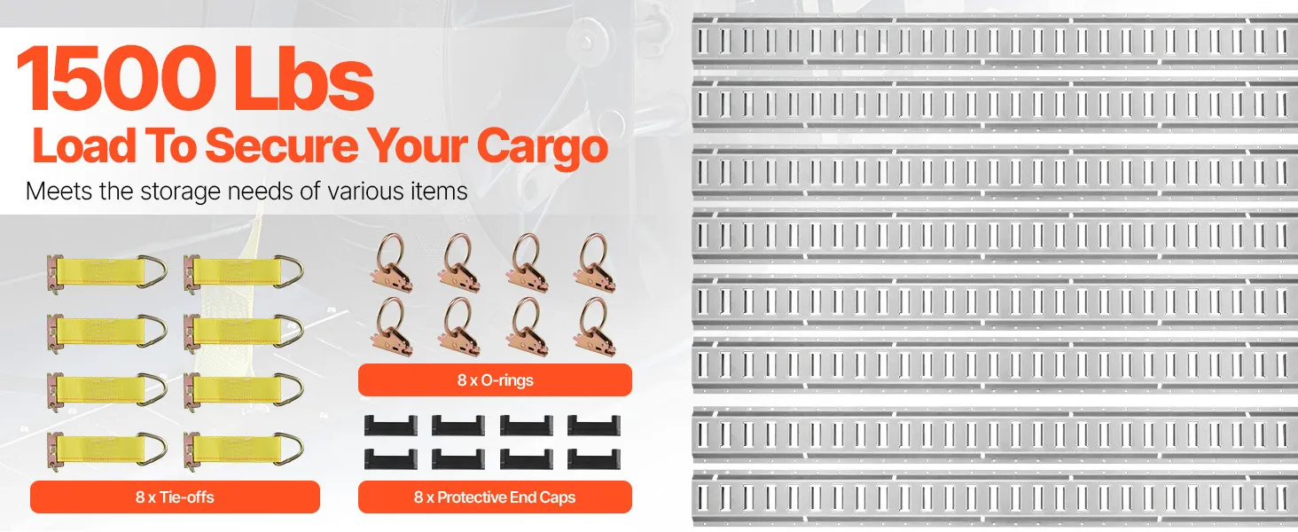 VEVOR e track tie-down rail kit supports 1800 lbs load with end caps, o-rings, and tensioning devices.