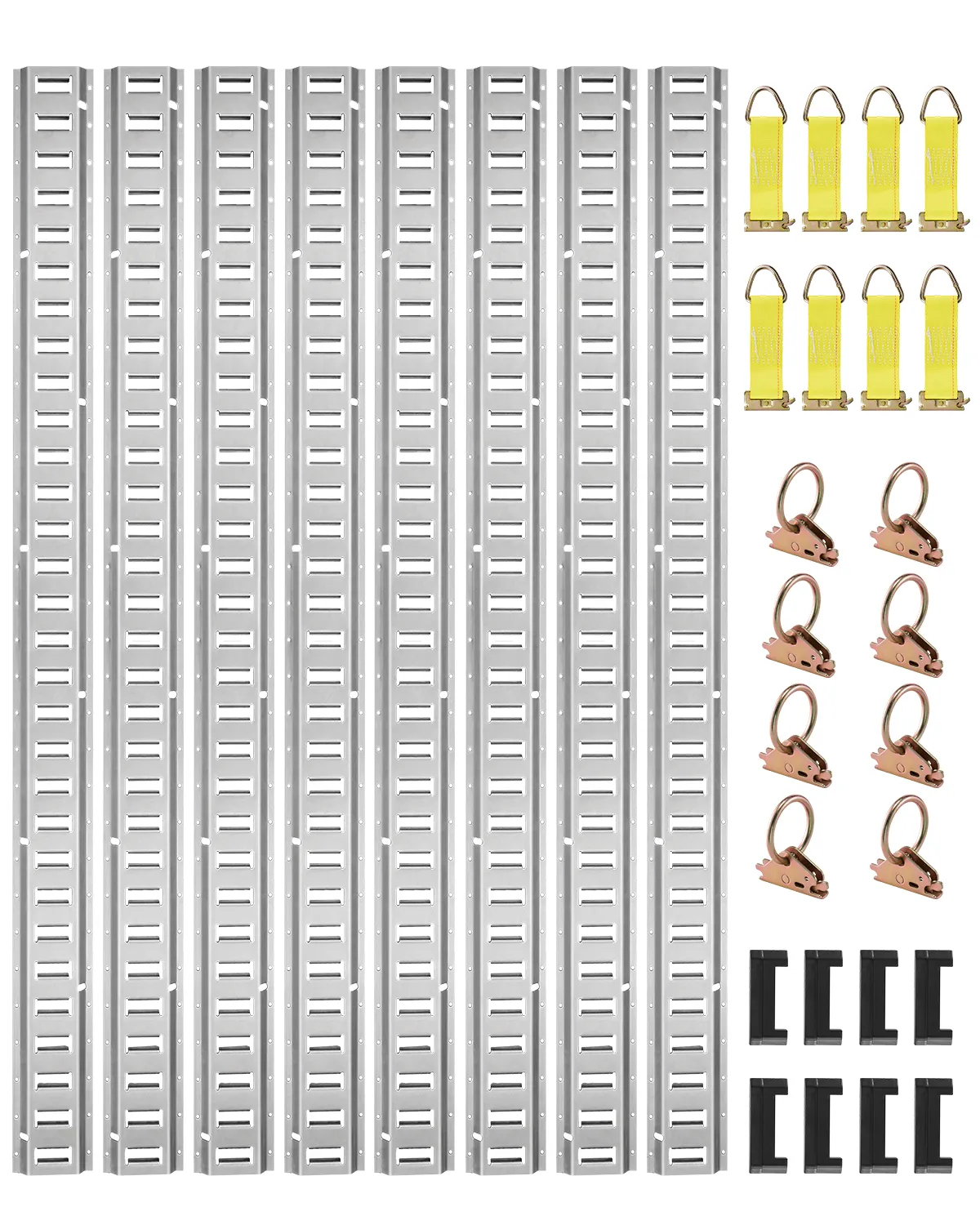 Zestaw szyn mocujących VEVOR e zawiera osiem szyn, osiem pierścieni D, osiem zaślepek i osiem pasków.