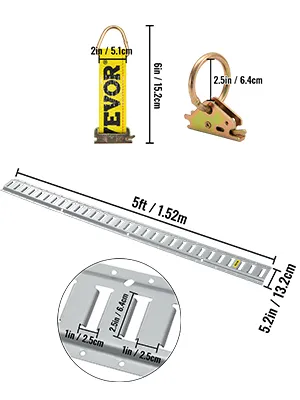 VEVOR e track tie-down rail kit with dimensions and components including rail, tie-downs, and ring clips.