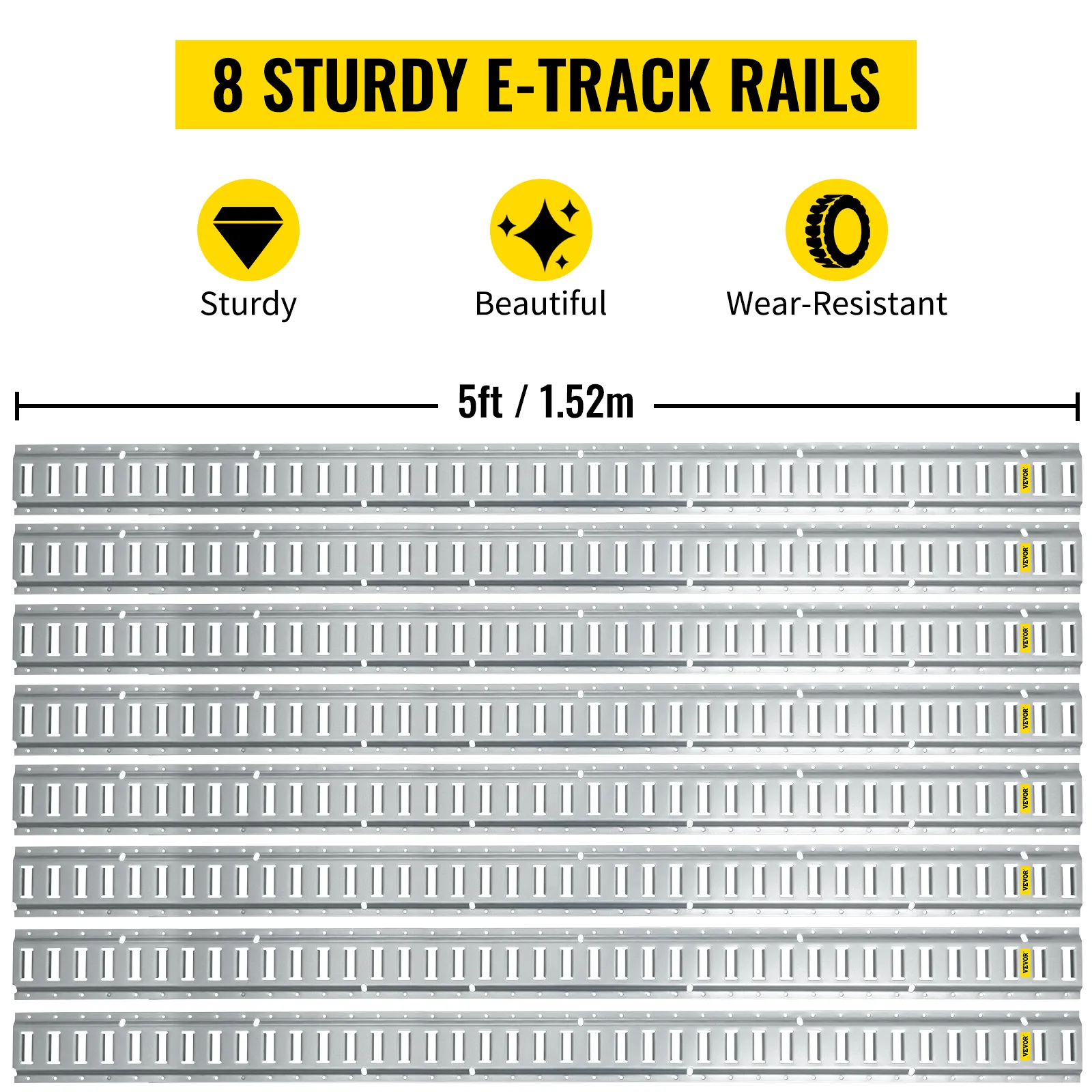 8 sturdy e-track rails, 5ft/1.52m each, durable and wear-resistant, part of the VEVOR e track tie-down rail kit.
