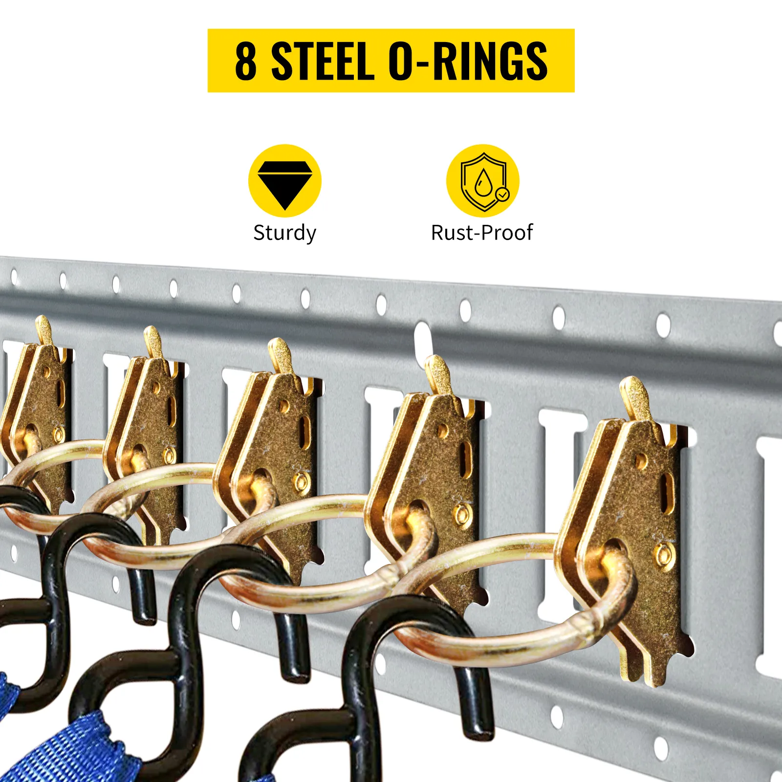 VEVOR e track tie-down rail kit with 8 steel o-rings, sturdy and rust-proof.