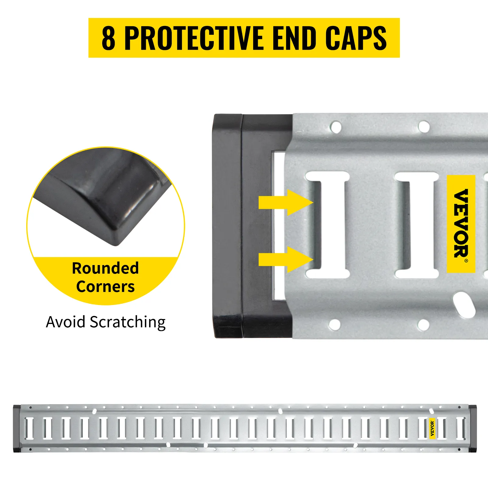VEVOR e track tie-down rail kit with 8 protective end caps and rounded corners to avoid scratching.