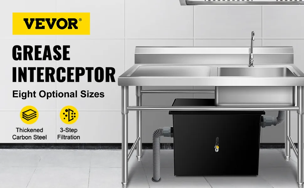 Interceptor de grasa VEVOR debajo de un elegante fregadero de acero inoxidable en una cocina moderna.