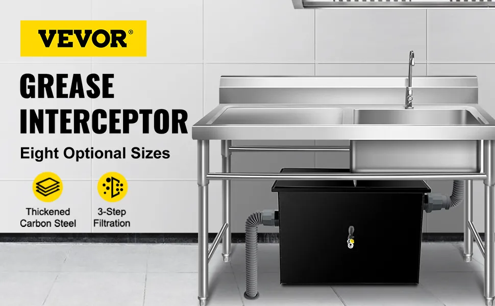 VEVOR grease interceptor under stainless steel sink, eight optional sizes.