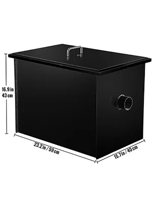 VEVOR grease interceptor with dimensions: 16.9"x23.2"x15.7". black steel body.