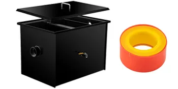 black VEVOR grease interceptor with a yellow and red doughnut-shaped tool beside it.