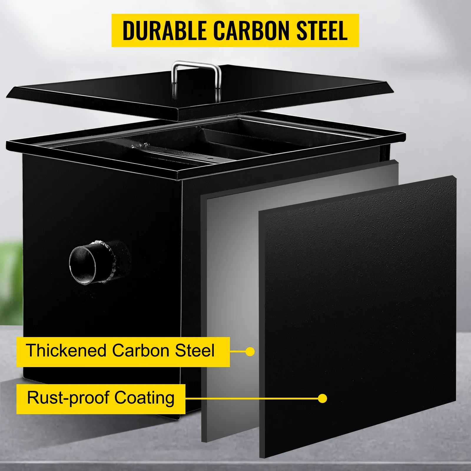 VEVOR grease interceptor made of thickened carbon steel with a rust-proof coating.