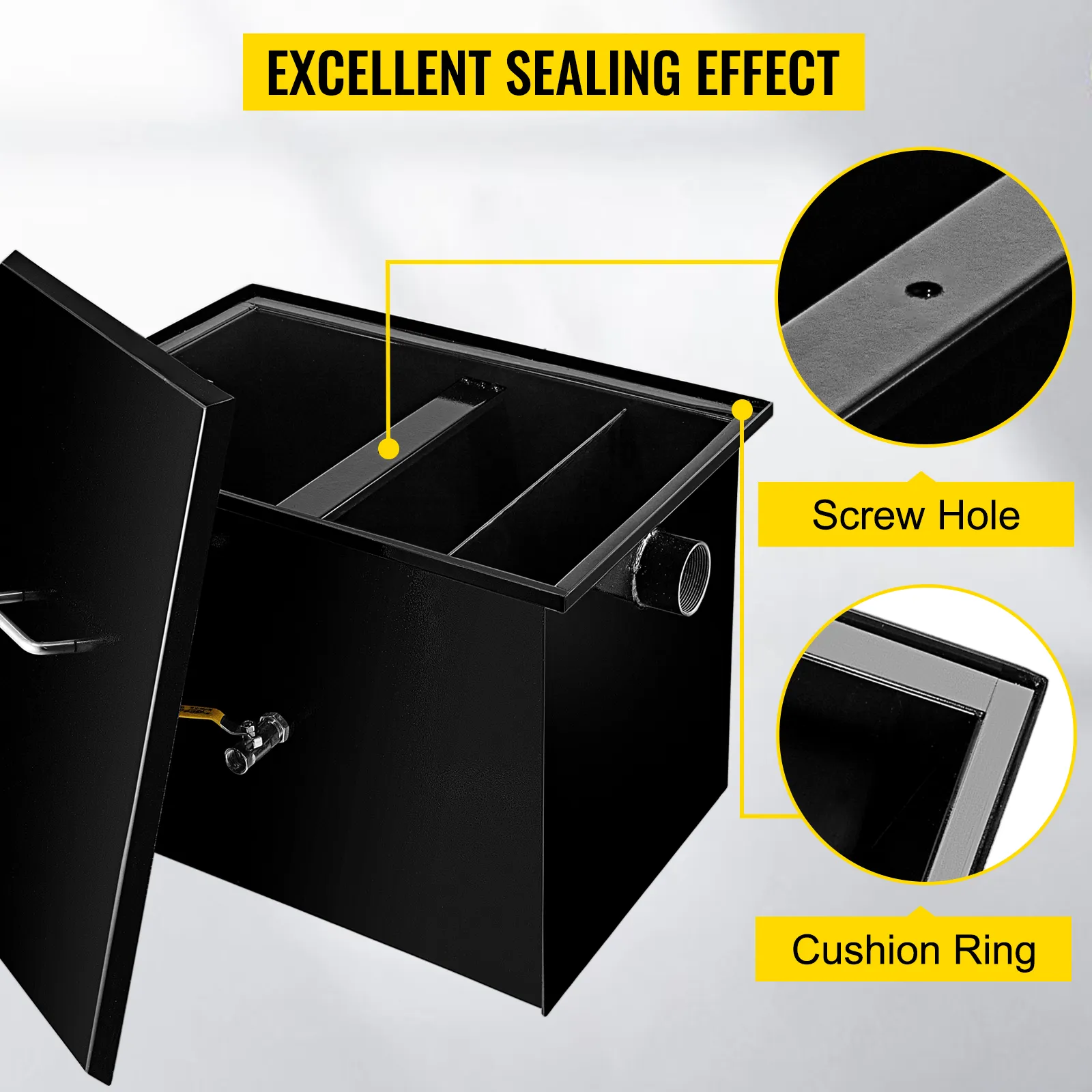 VEVOR grease interceptor with open lid, showcasing screw hole and cushion ring.