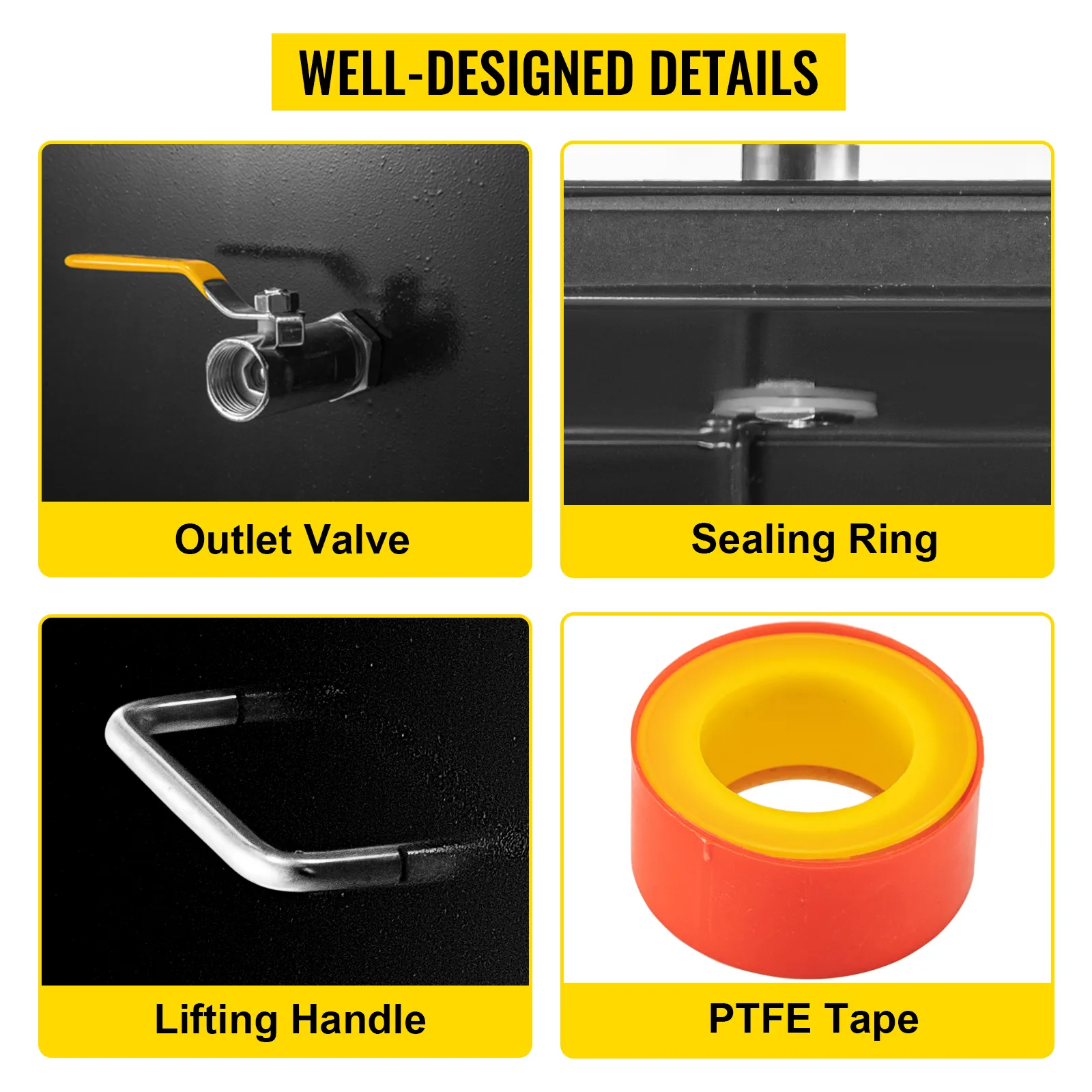 outlet valve, sealing ring, lifting handle, and ptfe tape features for VEVOR grease interceptor.