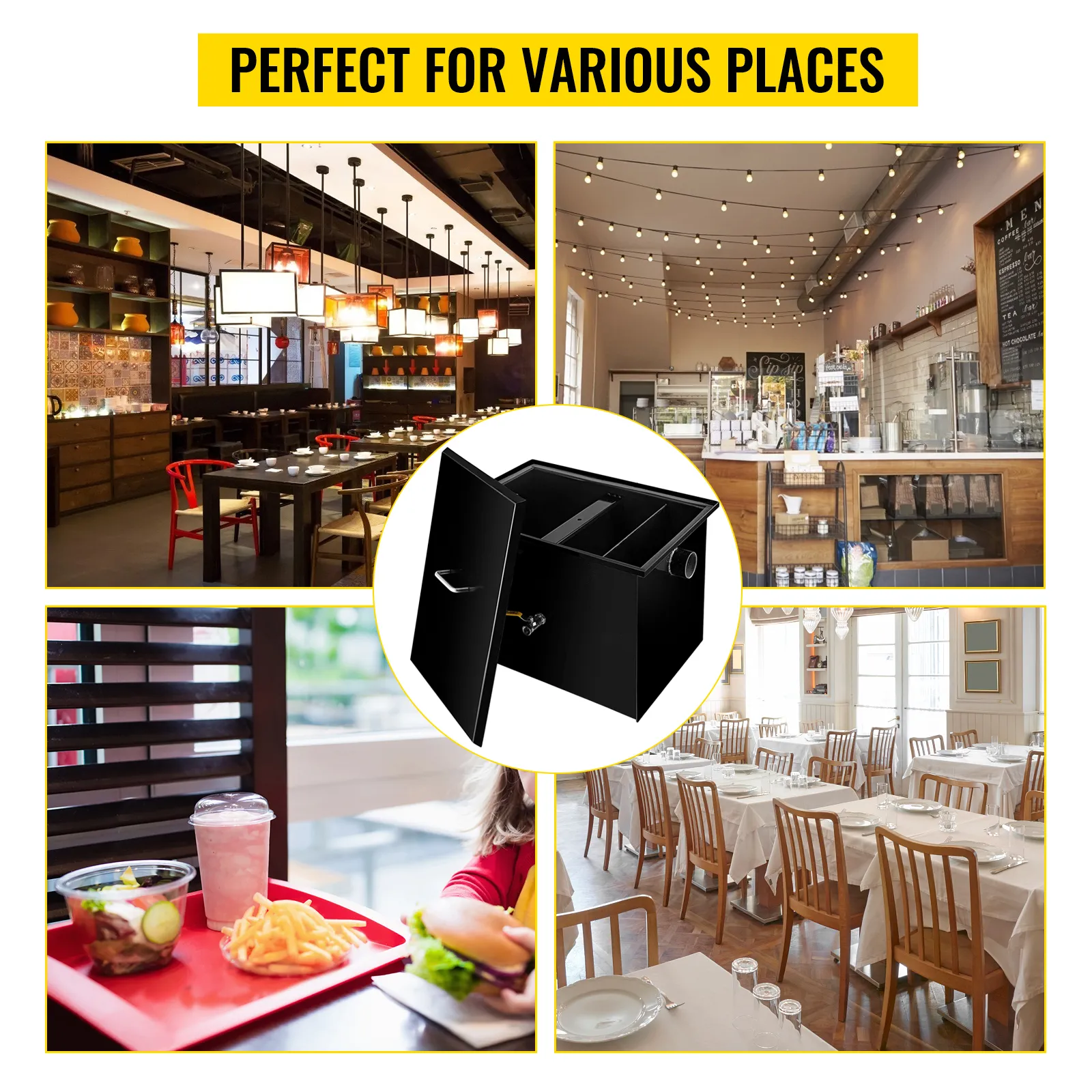 VEVOR grease interceptor used in various dining and restaurant settings.