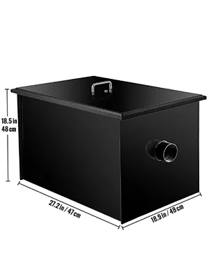 Interceptor de grasa VEVOR negro con dimensiones etiquetadas en pulgadas y centímetros.