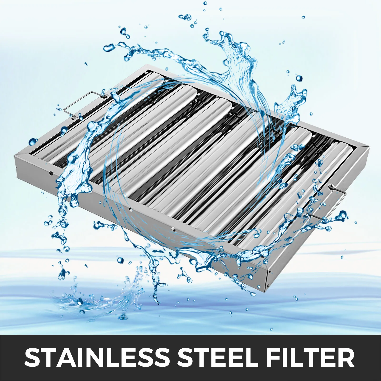 stainless steel VEVOR hood filters with water splashes.