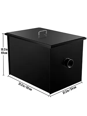 Interceptor de grasa VEVOR con dimensiones: 31,5 pulgadas/80 cm, 21,3 pulgadas/54 cm, 19,3 pulgadas/49 cm.