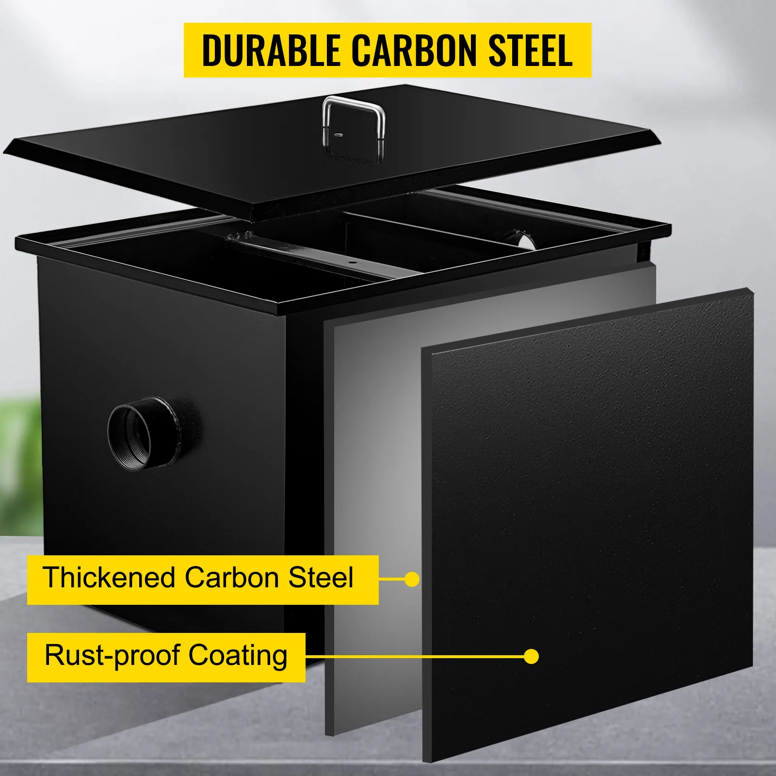 Interceptor de grasa VEVOR construido con acero al carbono duradero, espesado y resistente a la oxidación.