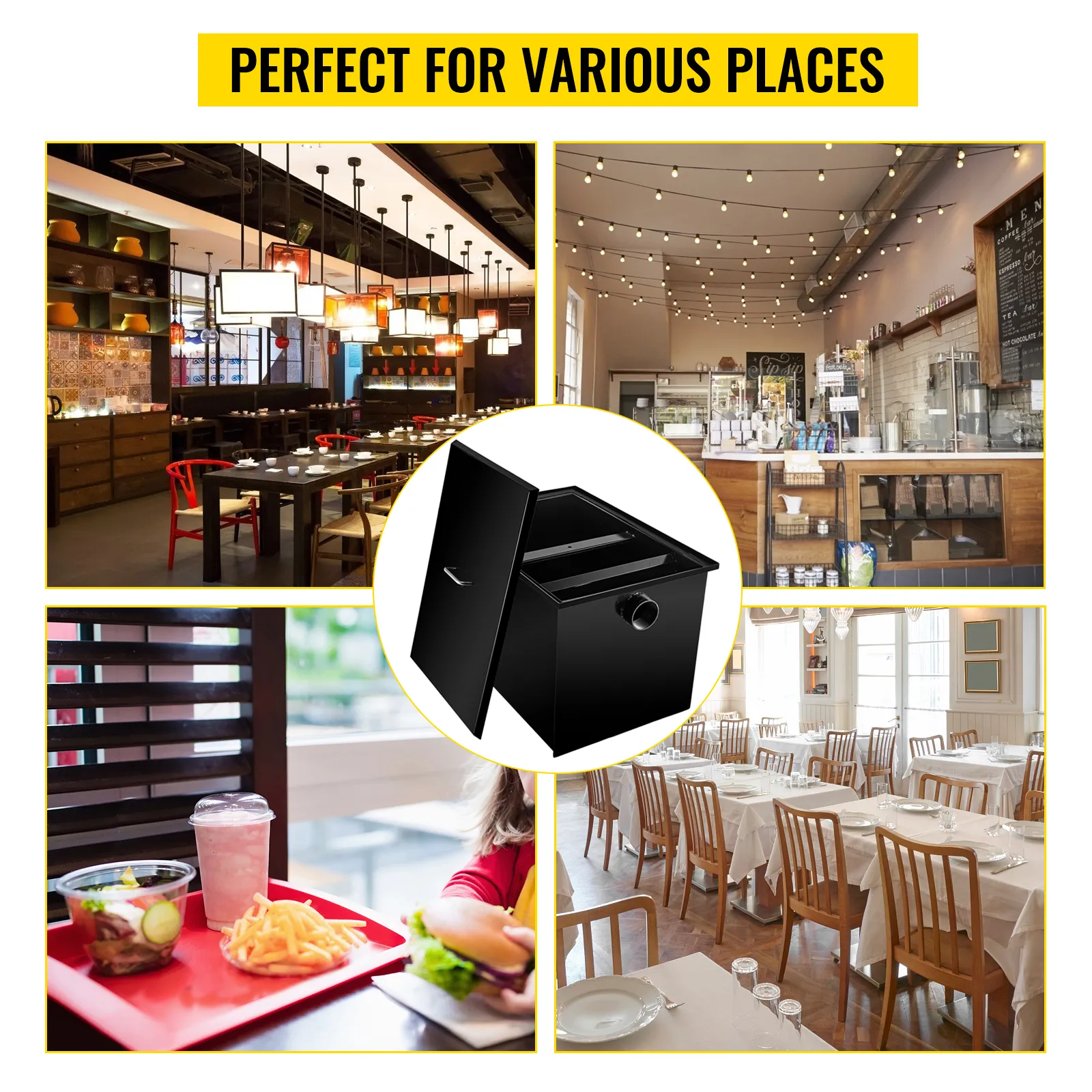 Interceptor de grasa VEVOR para cafeterías, restaurantes y comedores. Perfecto para varios lugares.