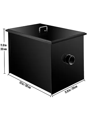 Interceptor de grasa VEVOR negro con dimensiones 15x11,8x11,8 pulgadas mostradas.