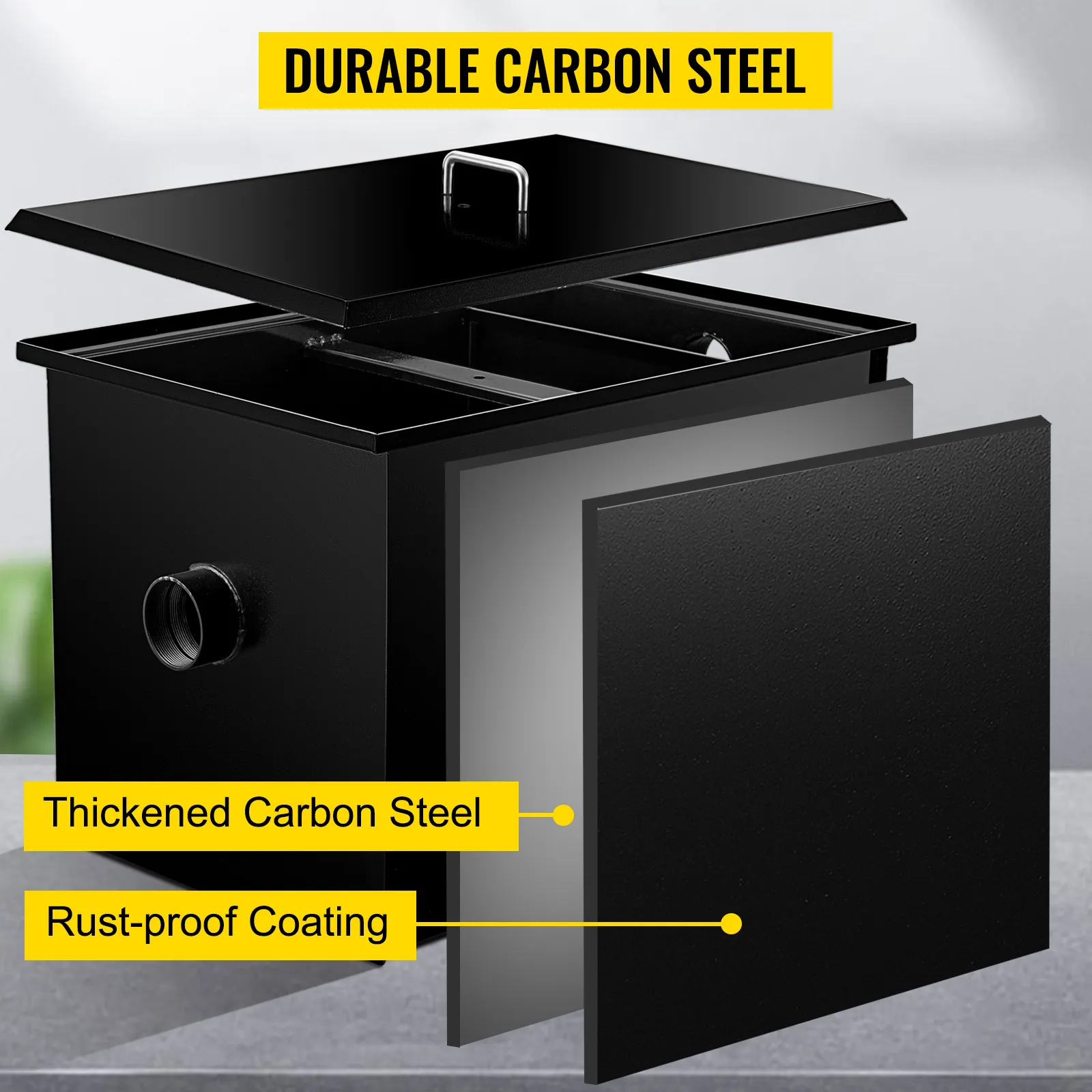Interceptor de grasa VEVOR fabricado en acero al carbono espesado con revestimiento antioxidante.