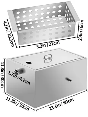 Handelsüblicher Fettabscheider von VEVOR mit Abmessungen und Lochkorbdetails.