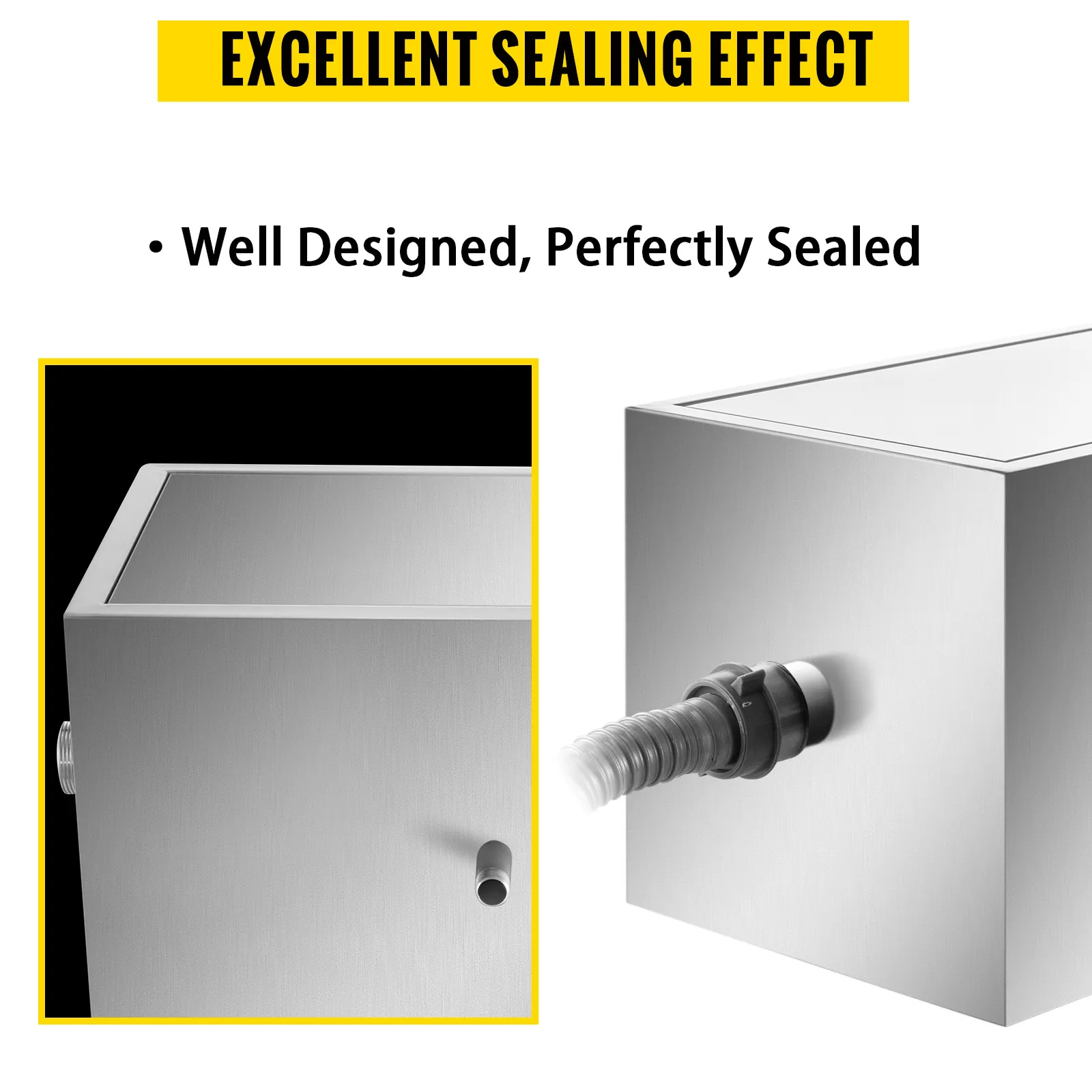 Handelsüblicher Fettabscheider von VEVOR mit hervorragender Dichtwirkung und Anschlussdetails.