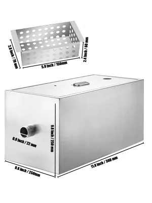 Trampa de grasa comercial VEVOR de acero inoxidable con dimensiones para uso en cocina.