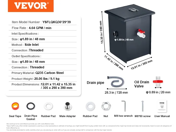 Interceptor de grasa VEVOR modelo ysflqkq36*29*39 en acero al carbono con accesorios y especificaciones.