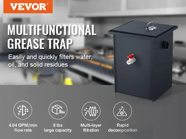 Interceptor de grasa VEVOR en una cocina comercial con filtración multicapa y rápida descomposición.