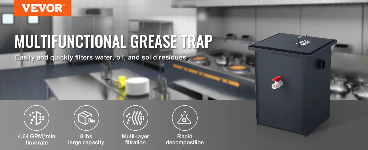 Interceptor de grasa VEVOR en una cocina comercial con filtración multicapa y rápida descomposición.