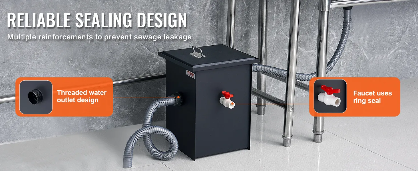 Interceptor de grasa VEVOR con diseño de salida de agua roscada y grifo con sello de anillo para un sellado confiable.