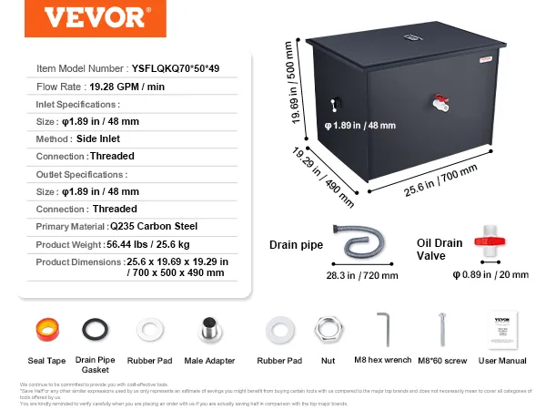 VEVOR grease interceptor dimensions and details with accessories including seal tape, drain valve, and adapters.