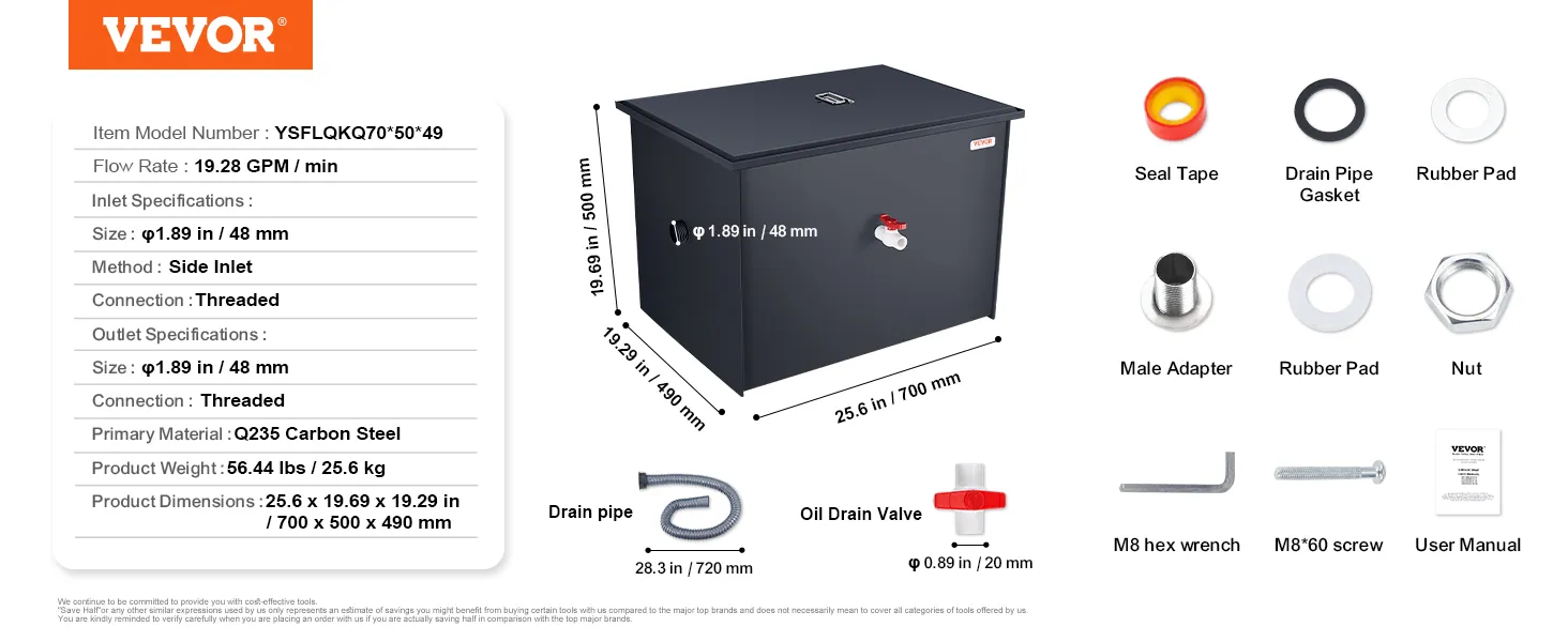 VEVOR grease interceptor dimensions and details with accessories including seal tape, drain valve, and adapters.