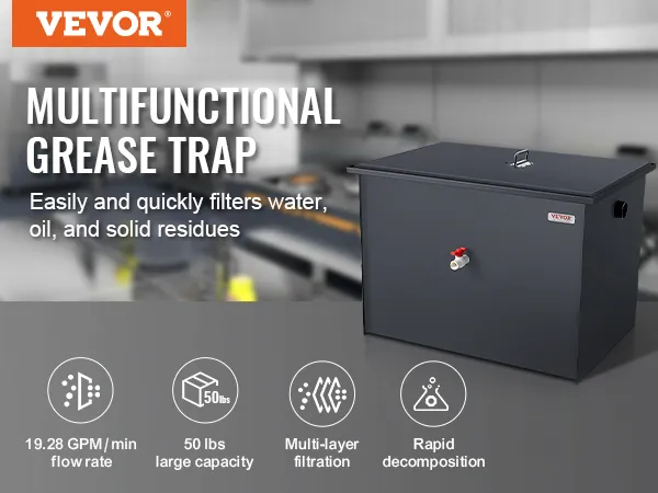 VEVOR grease interceptor in commercial kitchen with multi-layer filtration and rapid decomposition features.