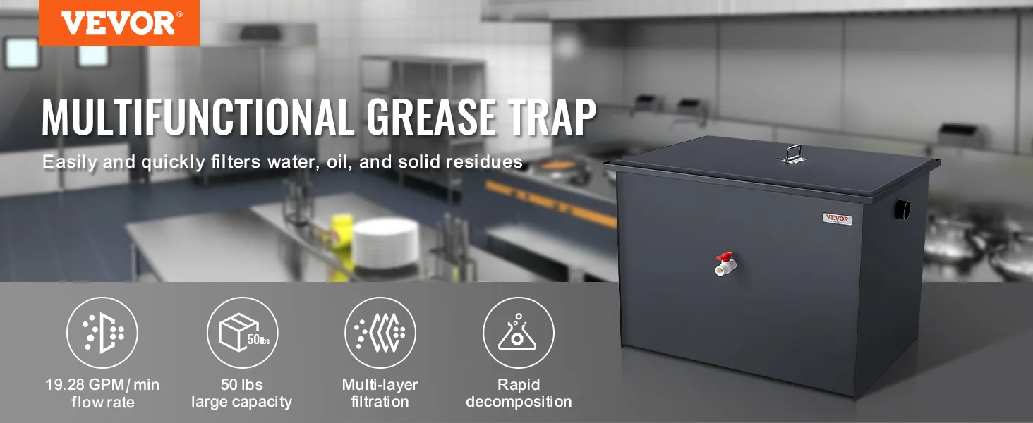 VEVOR grease interceptor in commercial kitchen with multi-layer filtration and rapid decomposition features.
