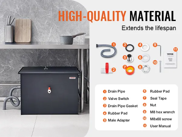 VEVOR grease interceptor with assembly parts, positioned under a commercial kitchen sink.