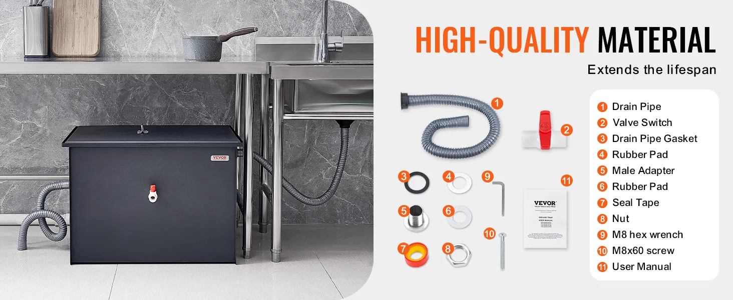 VEVOR grease interceptor with assembly parts, positioned under a commercial kitchen sink.