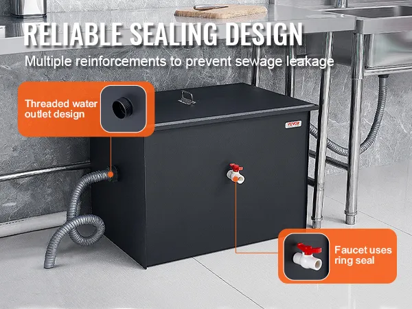 VEVOR grease interceptor with threaded water outlet and ring-sealed faucet for leak prevention.