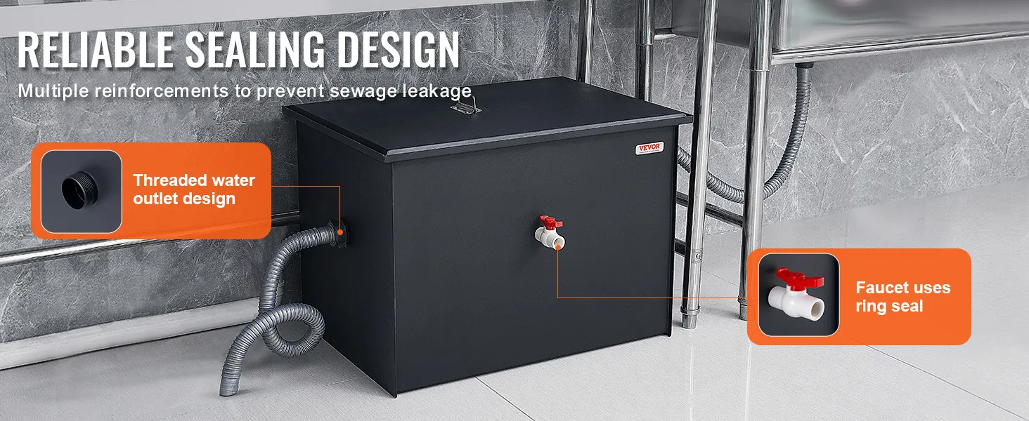 VEVOR grease interceptor with threaded water outlet and ring-sealed faucet for leak prevention.
