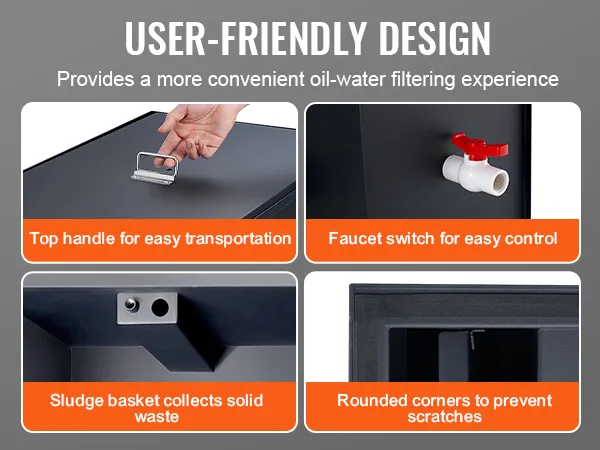 VEVOR grease interceptor featuring top handle, faucet switch, sludge basket, and rounded corners for safety.