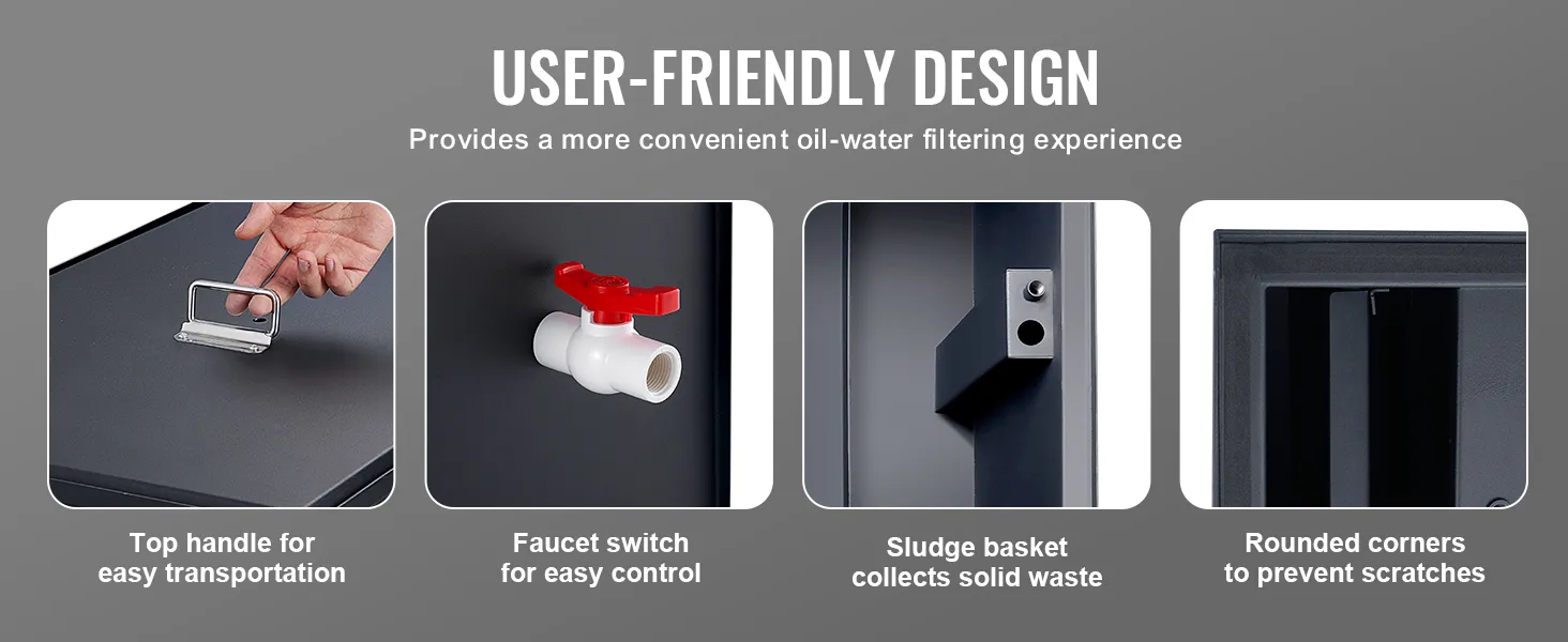 VEVOR grease interceptor featuring top handle, faucet switch, sludge basket, and rounded corners for safety.